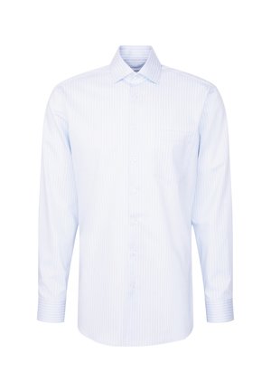 Jasnoniebieska koszula z długim rękawem, zapinana na guziki, z białymi pionowymi paskami, przednią kieszonką po lewej stronie i klasycznym kołnierzykiem.