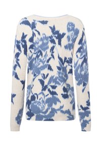 Knitpullover mit floralem Muster in Blau und Weiß. Hat einen runden Ausschnitt, lange Ärmel und gerippte Bündchen und Saum.