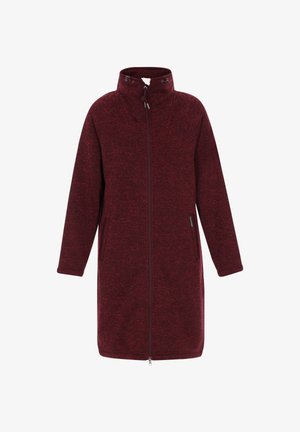 Chaqueta de forro polar burdeos con cremallera y mangas largas, cuello alto, bolsillos con cremallera y toggles ajustables en el cuello.