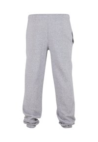 Gray sweatpants made from soft, lightweight fabric. Features an elastic waistband and cuffed ankles, with side pockets for convenience.