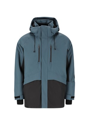 Windbreakerjacke in gedämpftem Petrol und Schwarz. Sie verfügt über einen hohen Kragen, eine verstellbare Kapuze, Reißverschlussfronttaschen und elastische Bündchen. Wasserabweisendes Material.