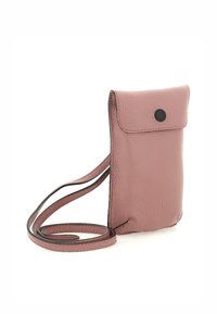 Borsa a tracolla in pelle rosa con finitura testurizzata, chiusura a scatto e tracolla regolabile. Design compatto adatto per gli oggetti essenziali.