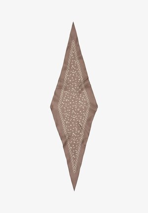 Écharpe marron étroite en forme de losange avec un motif central de petits dessins floraux et géométriques blancs.