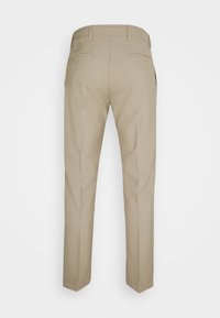 Beige Hosen mit maßgeschneidertem Schnitt, einem flat front, zwei Gesäßtaschen mit Knöpfen und einer glatten Textur.