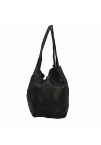 Bolso hobo de cuero negro con textura suave, diseño flexible, dos asas largas y un detalle de bolsillo con cremallera en la apertura.