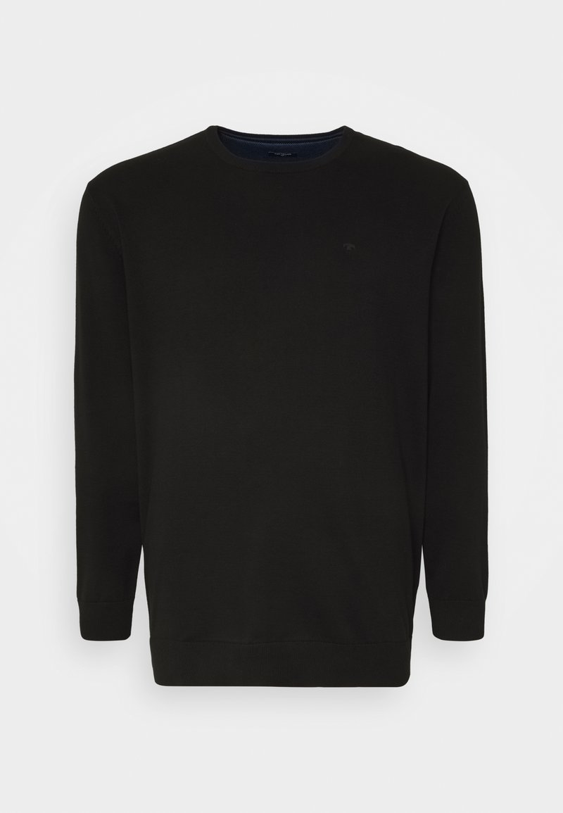 Sweat-shirt en coton noir à col ras du cou avec des manches longues et des poignets côtelés. Présente un logo subtil sur la poitrine et une texture lisse et unie.