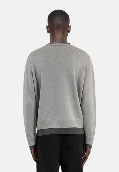 Grauer Pullover mit geripptem Rundhalsausschnitt und Bündchen, aus weichem, strukturiertem Stoff gefertigt. Die Rückseite weist ein nahtloses Design und eine schmale Passform auf.