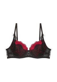 Sort blonde bh med røde blomsterlignende detaljer på skåle, justerbare stropper og et mesh-bånd. Har bøjler for støtte.