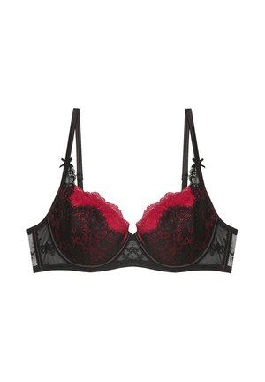 Reggiseno in pizzo nero con accenti in pizzo floreale rosso sulle coppe, spalline regolabili e una fascia in rete. Presenta ferretti per il supporto.