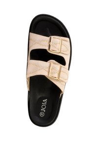 Sandale beige à glissière avec deux boucles dorées et motifs décoratifs en perles sur une semelle intérieure noire contournée, taille 39.
