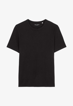 Black cotton t-shirt with a crew neck, short sleeves, and a relaxed fit. Features a small label at the neckline.