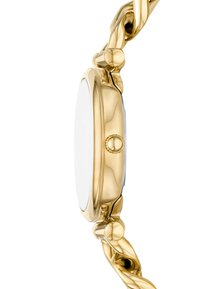 Goldfarbene Armbanduhr mit einem runden Gehäuse, glattem Rahmen und einem Gliederarmband. Glänzende Oberfläche, kein sichtbares Zifferblatt oder Markierungen.