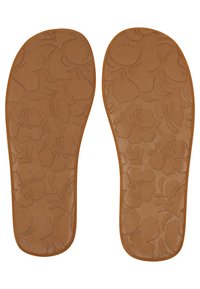 Brown insoles made of textured material, featuring a floral pattern and the brand name "ROXY" embossed on the surface.