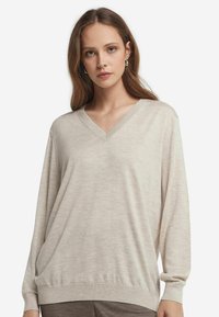 Hellbeige V-Ausschnitt-Pullover mit langen Ärmeln. Weicher Stoff, lockere Passform und gerippte Bündchen an den Ärmeln und am Saum. Subtile Textur sichtbar.