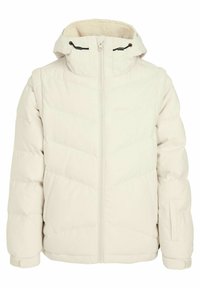 Puffjacke in hellbeige mit Reißverschluss vorne, Kapuze und strukturierter Fleece-Innenseite. Mit diagonaler Naht und gerippten Ärmeln.