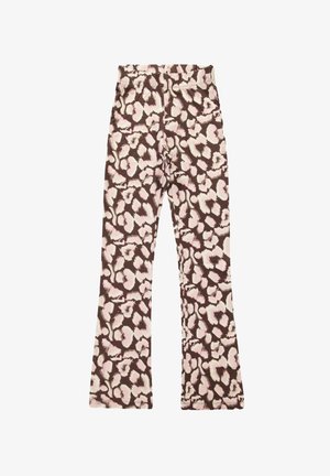 Bordeaux flared broek met een roze en crèmekleurig luipaardpatroon, gemaakt van zachte stof. Voorzien van een elastische tailleband voor comfort.