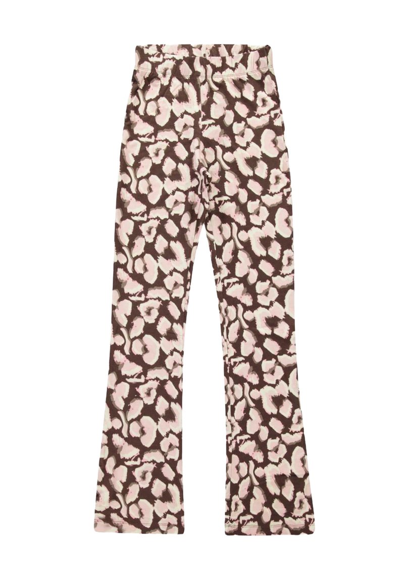 Bordeaux flared broek met een roze en crèmekleurig luipaardpatroon, gemaakt van zachte stof. Voorzien van een elastische tailleband voor comfort.