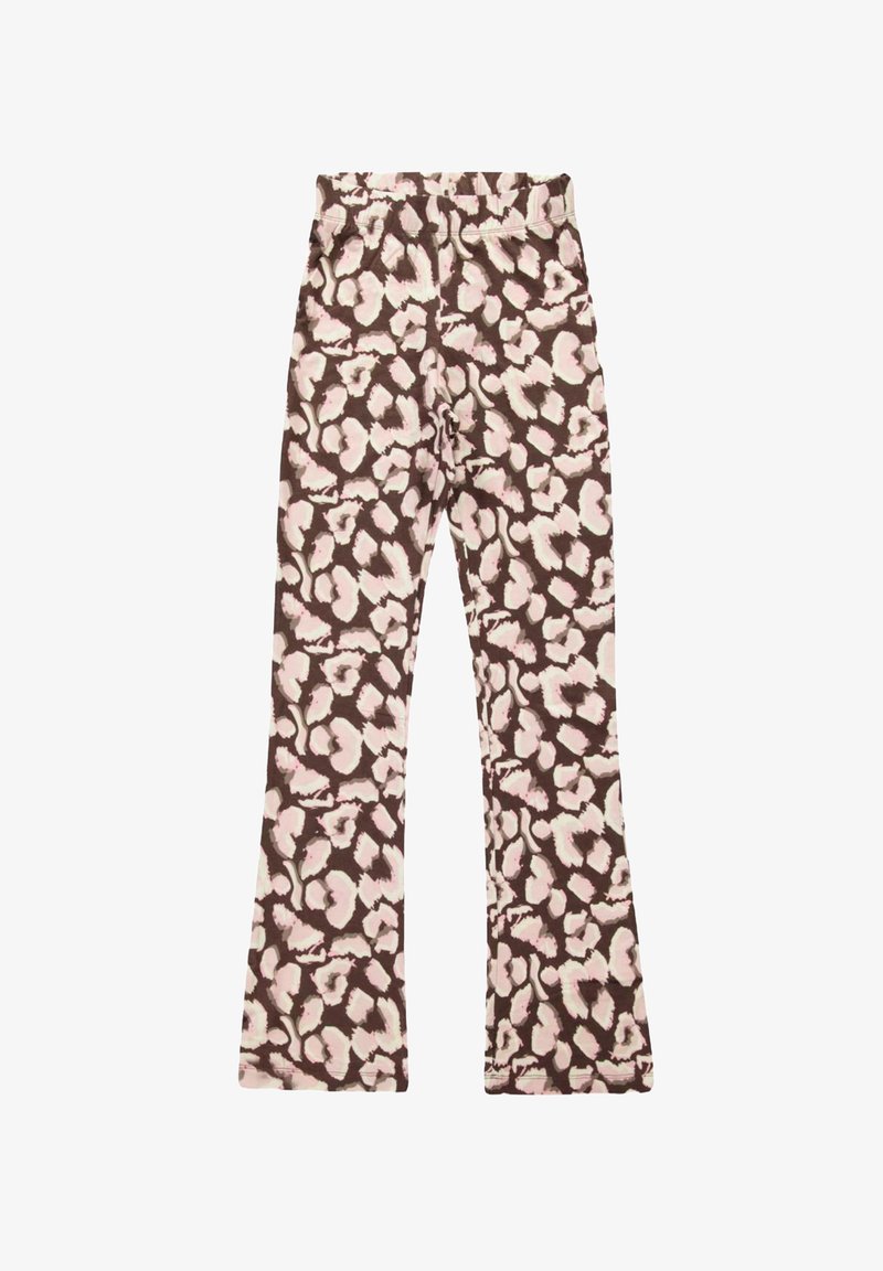 Bordeaux flared broek met een roze en crèmekleurig luipaardpatroon, gemaakt van zachte stof. Voorzien van een elastische tailleband voor comfort.