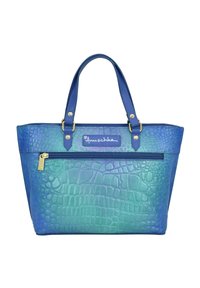 Taschenhandtasche in Blau- und Grüntönen mit einem texturierten Krokodilmuster. Mit goldfarbenen Beschlägen, Obergriffen und einer Reißverschlusstasche auf der Vorderseite.