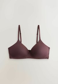 Soutien-gorge lisse, marron, légèrement rembourré avec bretelles fines réglables et armatures, posé à plat sur un fond neutre.