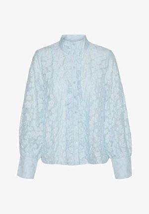 Camicia button-up azzurro chiaro in tessuto floreale testurizzato, con placca frontale arricciata e maniche lunghe a sbuffo con polsini aderenti.