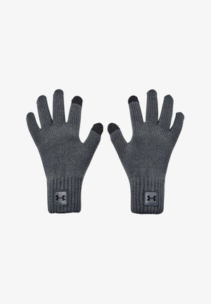 Guantes de lana gris con puño acanalado, que cuentan con puntas compatibles con pantallas táctiles en negro y un parche de logo negro en la muñeca.