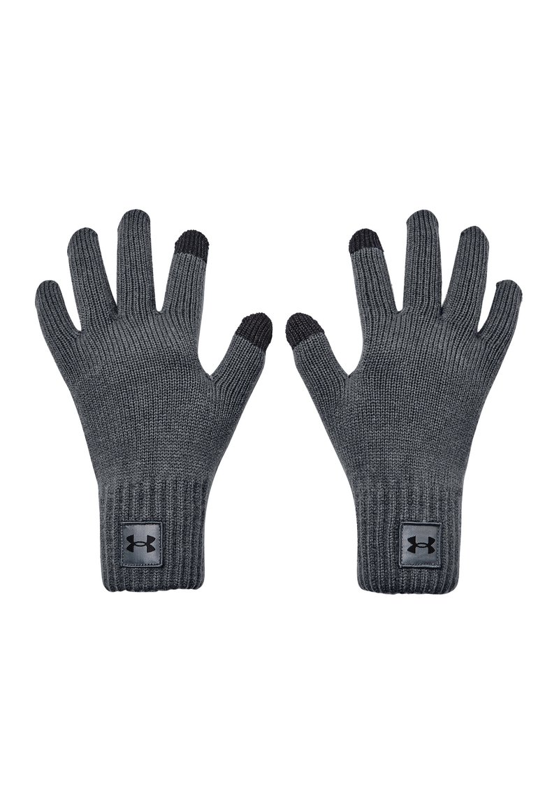 Guantes de lana gris con puño acanalado, que cuentan con puntas compatibles con pantallas táctiles en negro y un parche de logo negro en la muñeca.