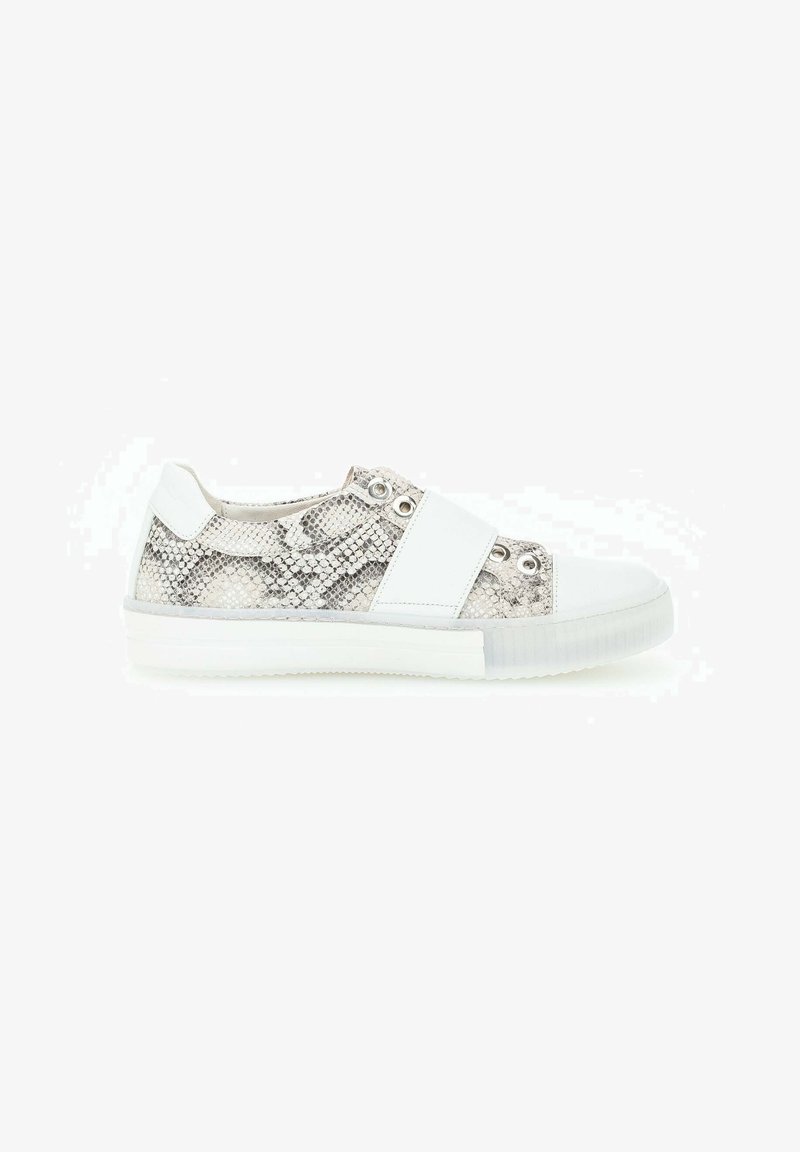 Sneakers with a white rubber sole, featuring a textured grey snake print upper and a white elastic strap across the midfoot for secure fit.