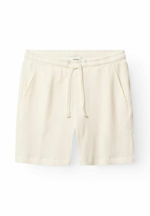 Shorts en tissu texturé blanc cassé avec taille élastique, cordon de serrage et deux poches latérales.
