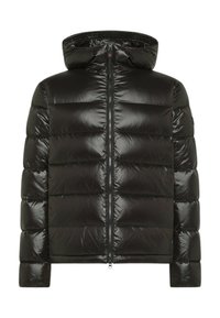 Zwarte gewatteerde jas met een hoge kraag, glanzend nylon materiaal, ritssluiting en horizontaal doorgestikt ontwerp. Voorzien van elastische manchetten en zoom.