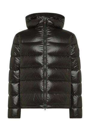 Schwarze wattierte Jacke mit hohem Kragen, glänzendem Nylonmaterial, Reißverschluss und horizontalem Steppmuster. Mit elastischen Bündchen und Saum.