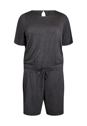 Melnās īsās piedurknes kombinezons no mīksta, tekstūrēta auduma ar šnērēšanas jostu un atslēgas caurumu aizmugurē. Ikdienišķš un ērts dizains.