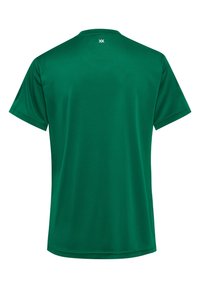 T-shirt vert à manches courtes en tissu lisse. Il présente un col rond et un petit logo au dos, avec un design simple et épuré.