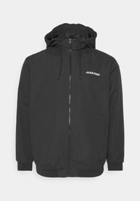 Black hooded jacket with a front zipper, elastic cuffs, and embroidered logo on the chest. Smooth fabric with a matte finish.