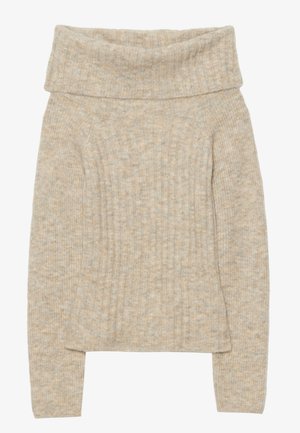 Pull beige en maille côtelée, épaules dénudées, manches longues et large col plié.