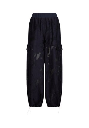 Pantaloni neri leggeri con fascia elastica in vita, tasche cargo ai lati e orli con coulisse.