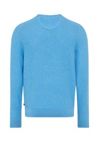 Lyseblå sweater lavet af struktureret strik, med rund halsudskæring og lange ærmer, med tætsiddende manchetter og en lige kant.