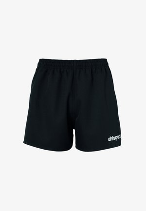 Shorts de sport noirs en tissu léger. Dotés d'une taille élastique et d'un logo blanc sur le bas à droite. Design classique.