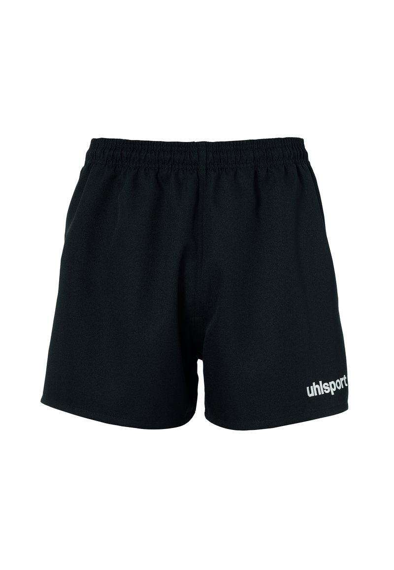 Zwarte sportshorts van lichtgewicht stof. Voorzien van een elastische tailleband en een wit logo aan de onderkant rechts. Klassiek ontwerp.