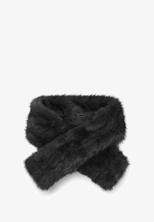 Sciarpa in finta pelliccia nera caratterizzata da una texture morbida, design ampio e forma incrociata, ideale per il calore e lo stile nelle giornate più fredde.