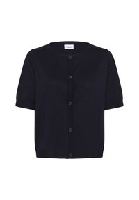 Marineblauwe kortekraag cardigan met korte mouwen, gemaakt van zacht breimateriaal. Voorzien van een ronde hals, ribdetails en knopen aan de voorkant. Eenvoudig en veelzijdig ontwerp.
