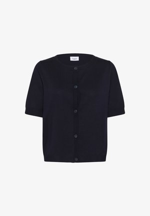 Cardigan bleu marine à manches courtes en tricot doux, avec un col rond, des détails côtelés et des boutons à l'avant. Design simple et polyvalent.