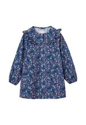 Blaues langärmliges Blumenkleid mit rosa, weißen und gelben Blumen, Knöpfen vorne und einem Rüschkragen für ein Kind.