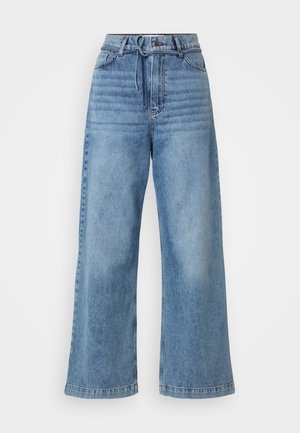 Light blue wide-leg jeans made of denim. Features high waist, belt loops, a button closure, and a clean hem with subtle fading.