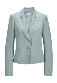 Lichtblauwe blazer van gladde stof, voorzien van een enkele knoopsluiting, getailleerde revers, twee voorzakken en lange mouwen.
