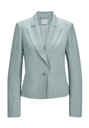 Lichtblauwe blazer van gladde stof, voorzien van een enkele knoopsluiting, getailleerde revers, twee voorzakken en lange mouwen.