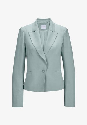 Hellblaues Blazer aus glattem Stoff mit einer einzelnen Knopfschließe, geknöpften Revers, zwei Fronttaschen und langen Ärmeln.