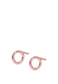 Orecchini in metallo oro rosa, di forma circolare con una barra sporgente. Texture liscia con finitura lucida, caratterizzati da un design minimalista.