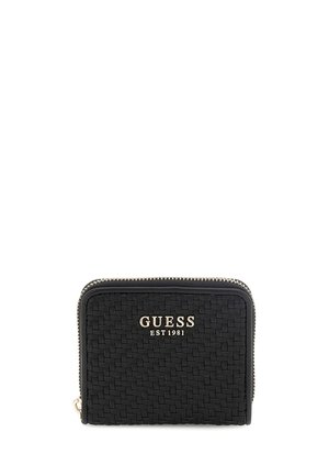Portafoglio in pelle intrecciata nera con logo "GUESS EST 1981" in tonalità oro e chiusura a zip con finitura testurizzata.