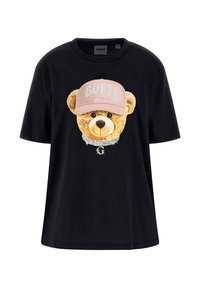 Camiseta de algodón negra con un gráfico de un oso con una gorra rosa, adornado con piedras de rhinestones y un detalle de collar plateado. Manga corta.